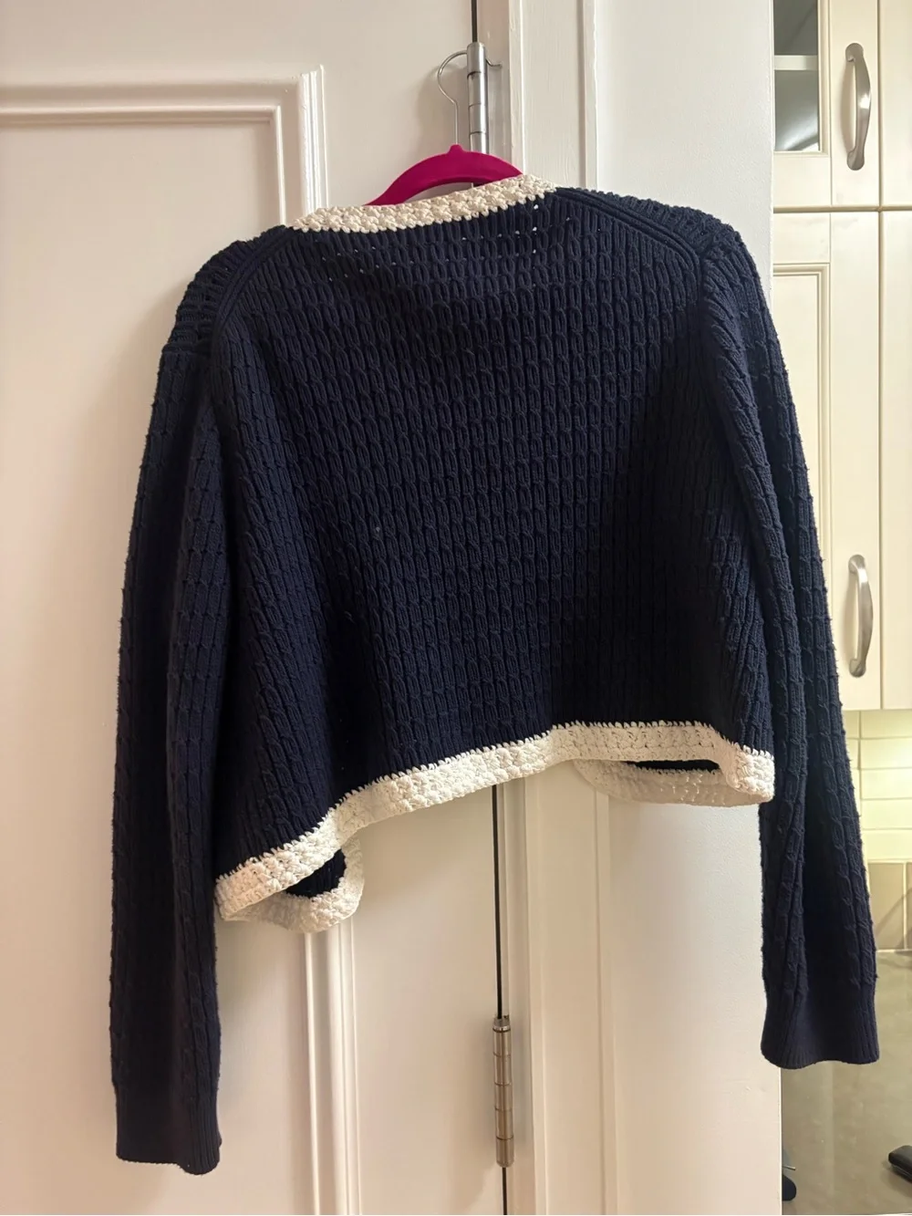 Chic navy and Cream Cropped Knit Cardigan Sweater